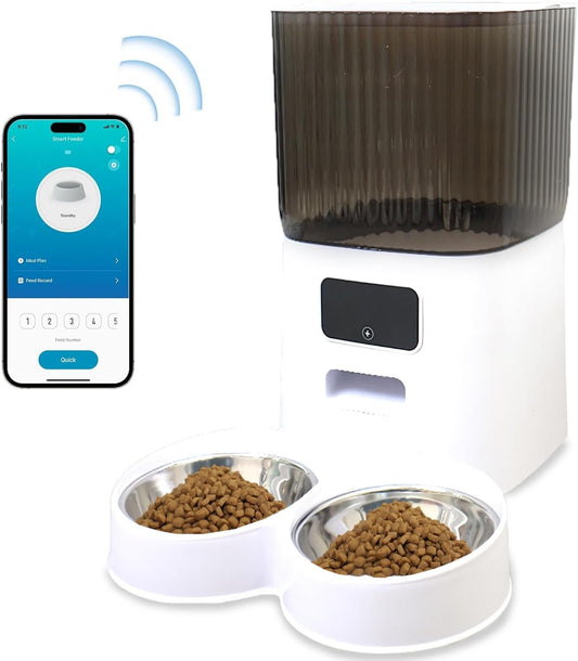 Smart Automatic Pet Feeder with 5L Double Bowl Dispenser, 2.4G WiFi Connectivity, App Remote Control for Cats and Large Dogs, Ideal for Multiple Pets